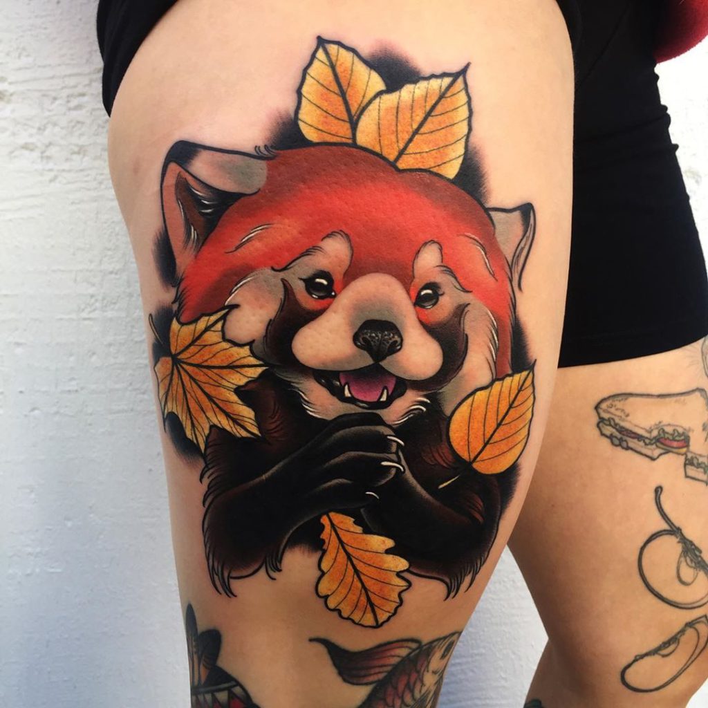 Red panda tattoo on Thigh (side) by Mike Stockings
