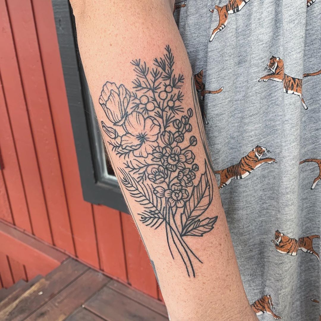 Wonderland Tattoo PDX  A peony tulip garden rose Oregon grape and a bee  done by alicestattoos   Facebook