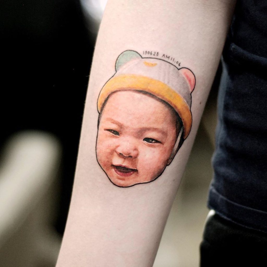 Microrealistic dog portrait tattoo located on the