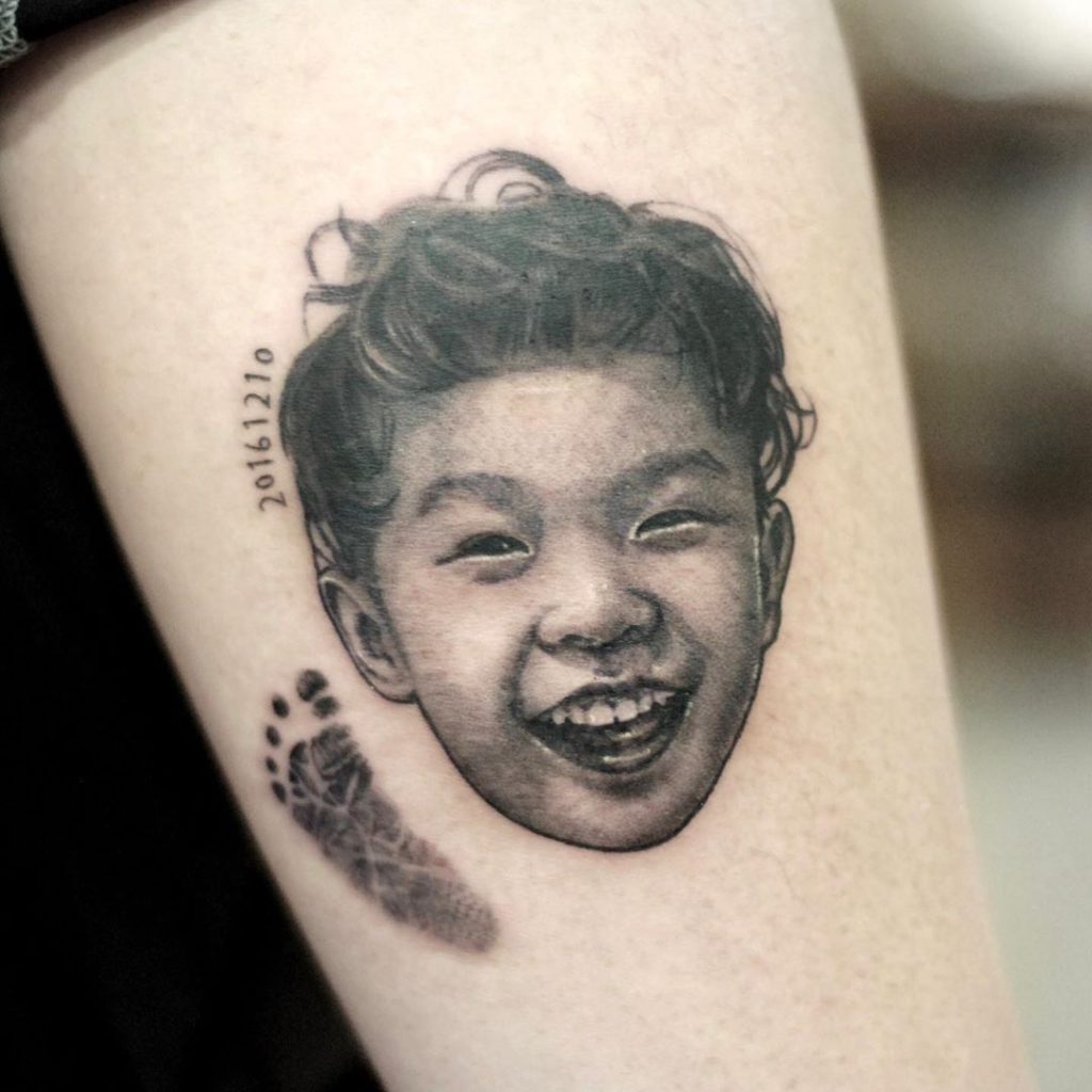 Did this baby portrait today! As always used @monsterkreations caps and  cartridges! #blackandgrey #portrait #realism #baby #tattoo #tatto... |  Instagram