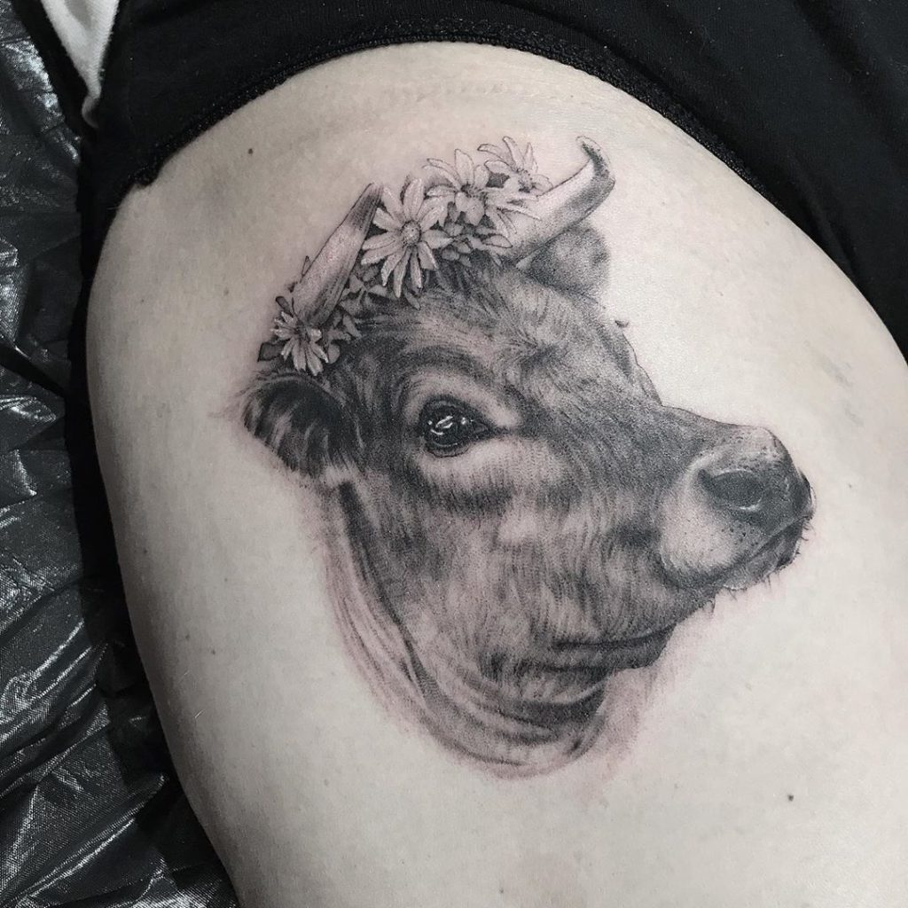 Cow tattoo flowers | Cow tattoo, Tasteful tattoos, Cute tattoos