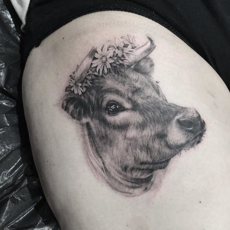 Cow tattoo on Hip by Sharnie Pilar