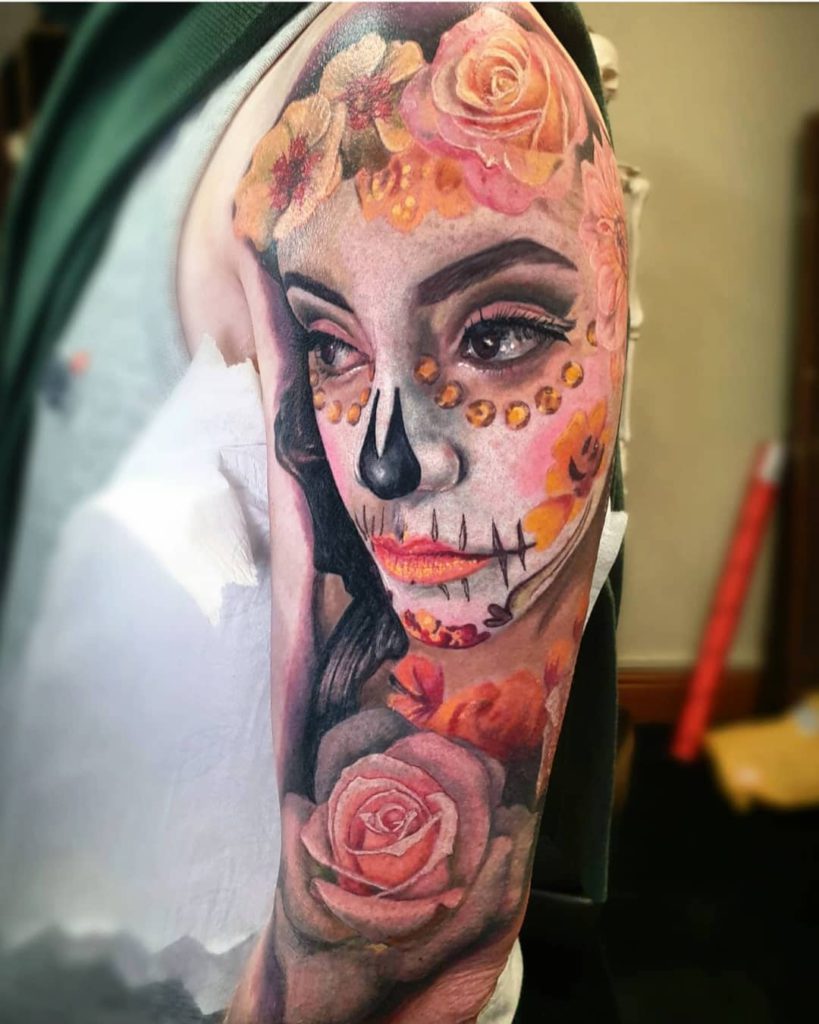 Day of The Dead tattoo on Arm sleeve (half) by Lisa Scrimgeour