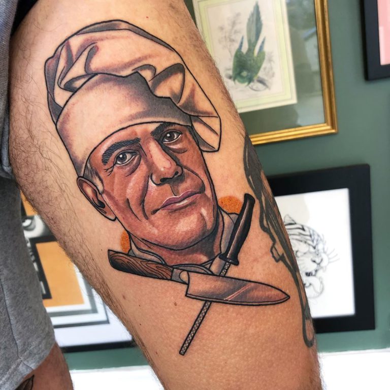 Anthony Bourdain Portrait tattoo on Leg by Gibbo