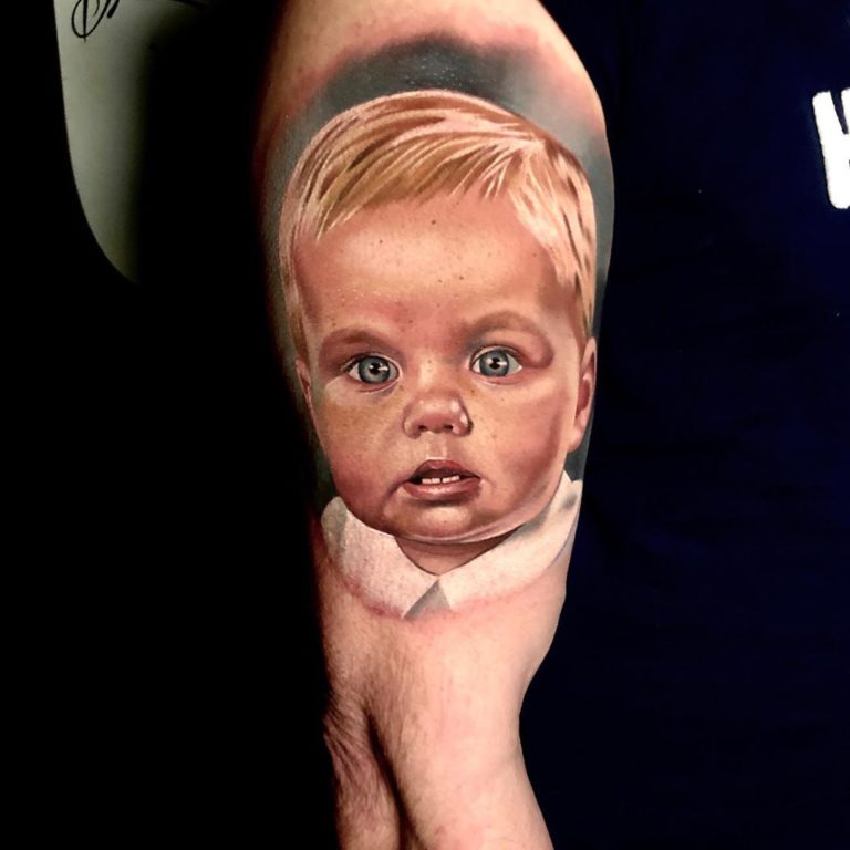 Baby Portrait tattoo - Color style by Chris Meighan