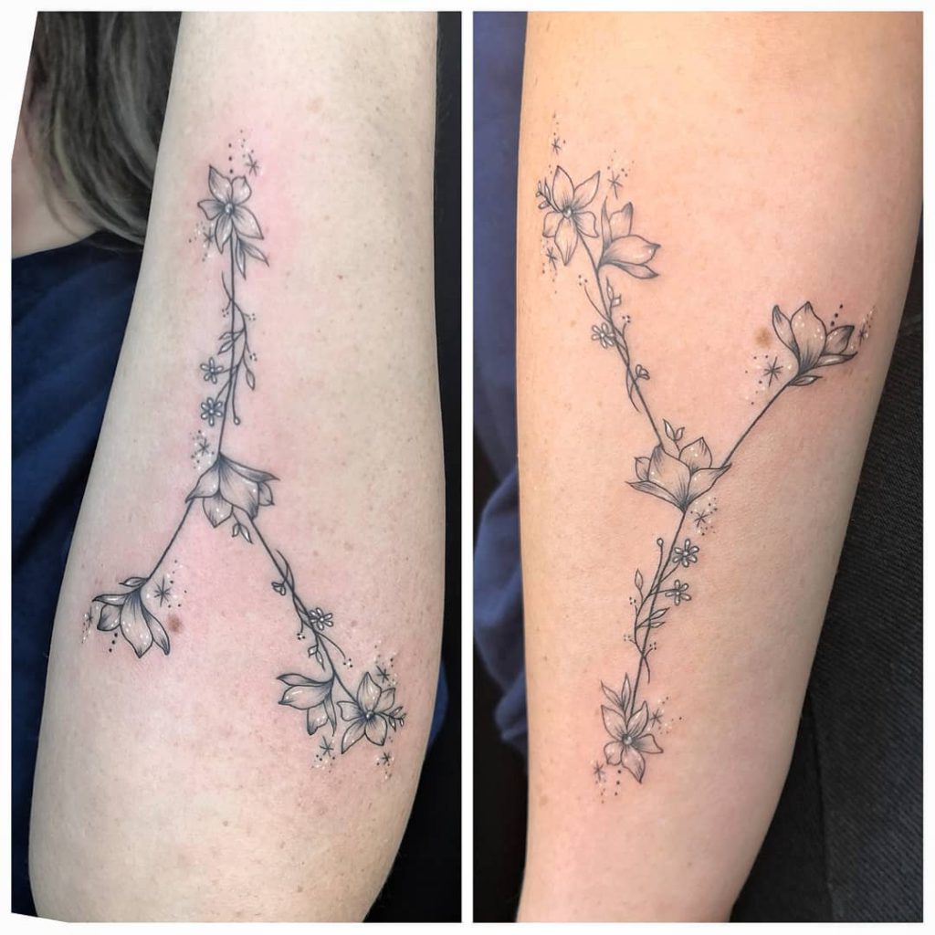 Cancer Constellation Flower  tattoo on Forearm (back) - Fine Line style by Taleah Naomi