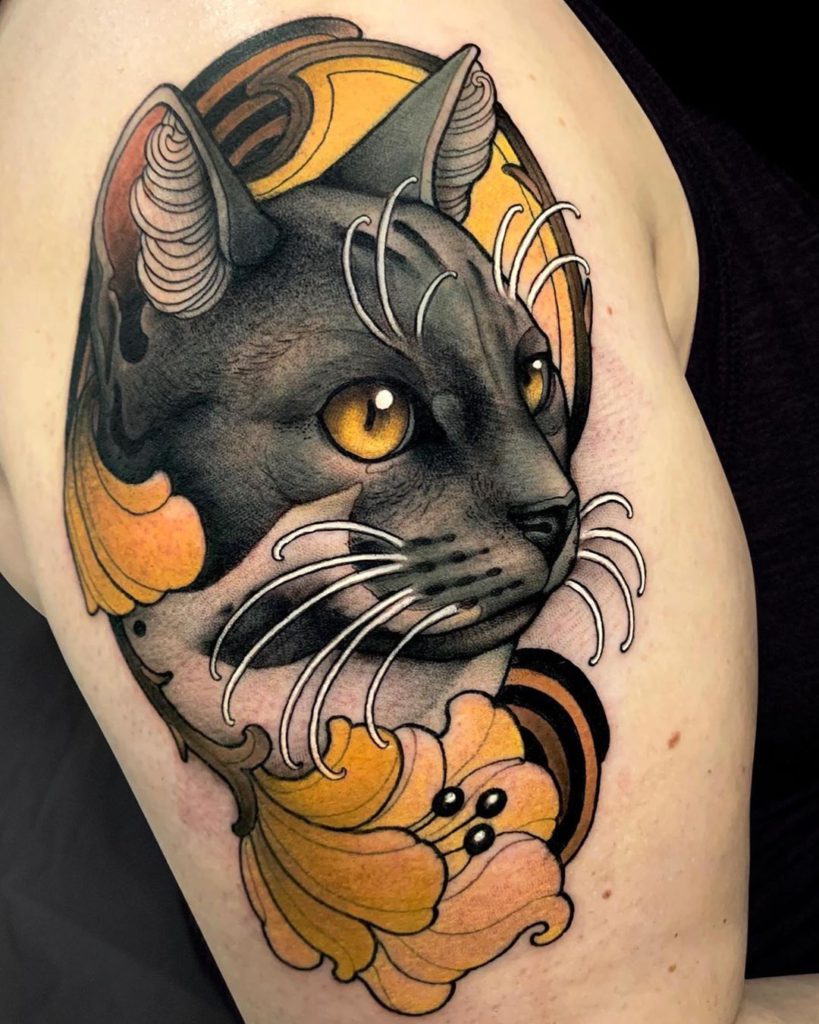Neo Traditional Cat Portrait Tattoo by Krish Trece