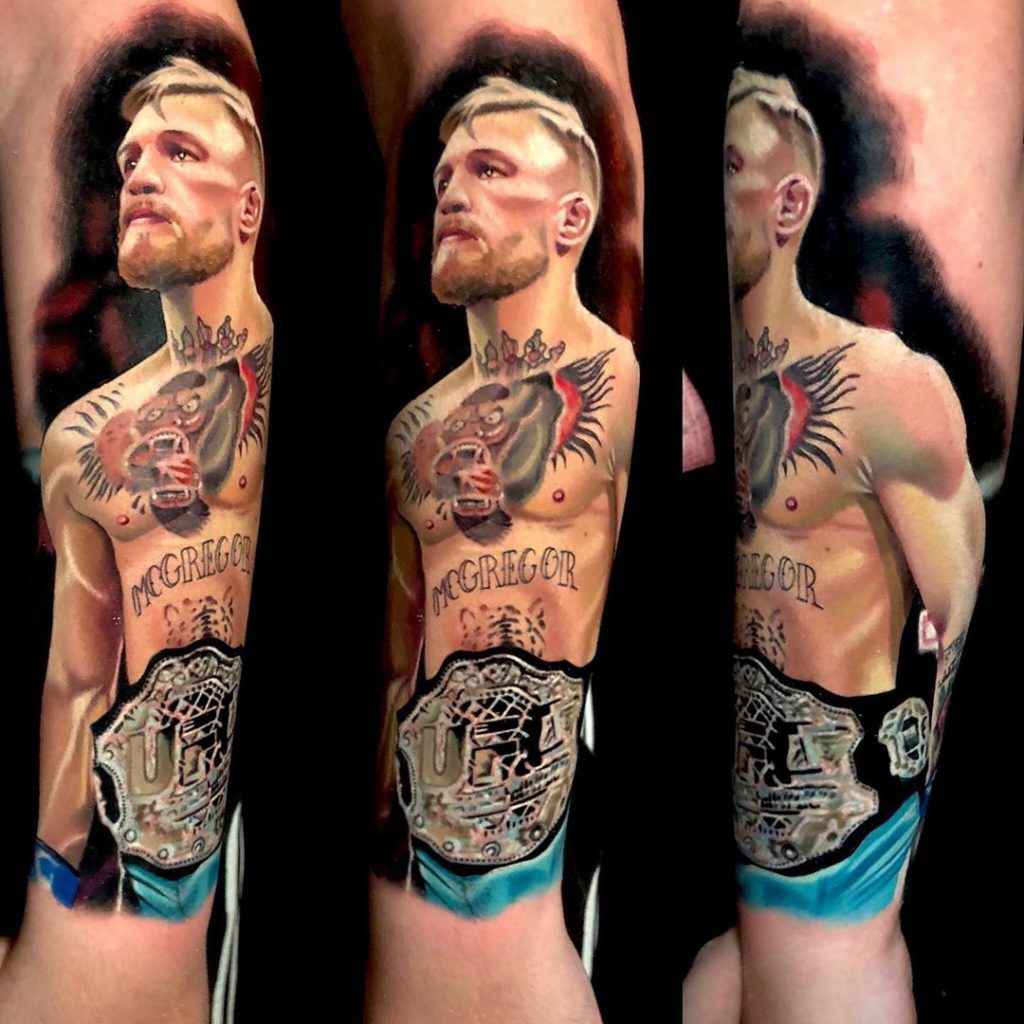 Conor McGregor tattoo on Forearm (back) - Color style by Chris Meighan
