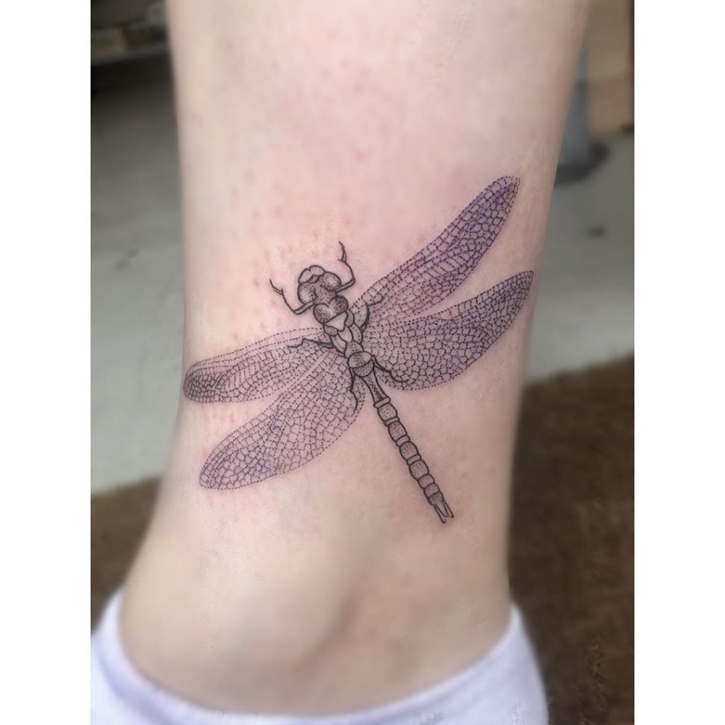 Dragonfly tattoo on Ankle - style by martha Smith