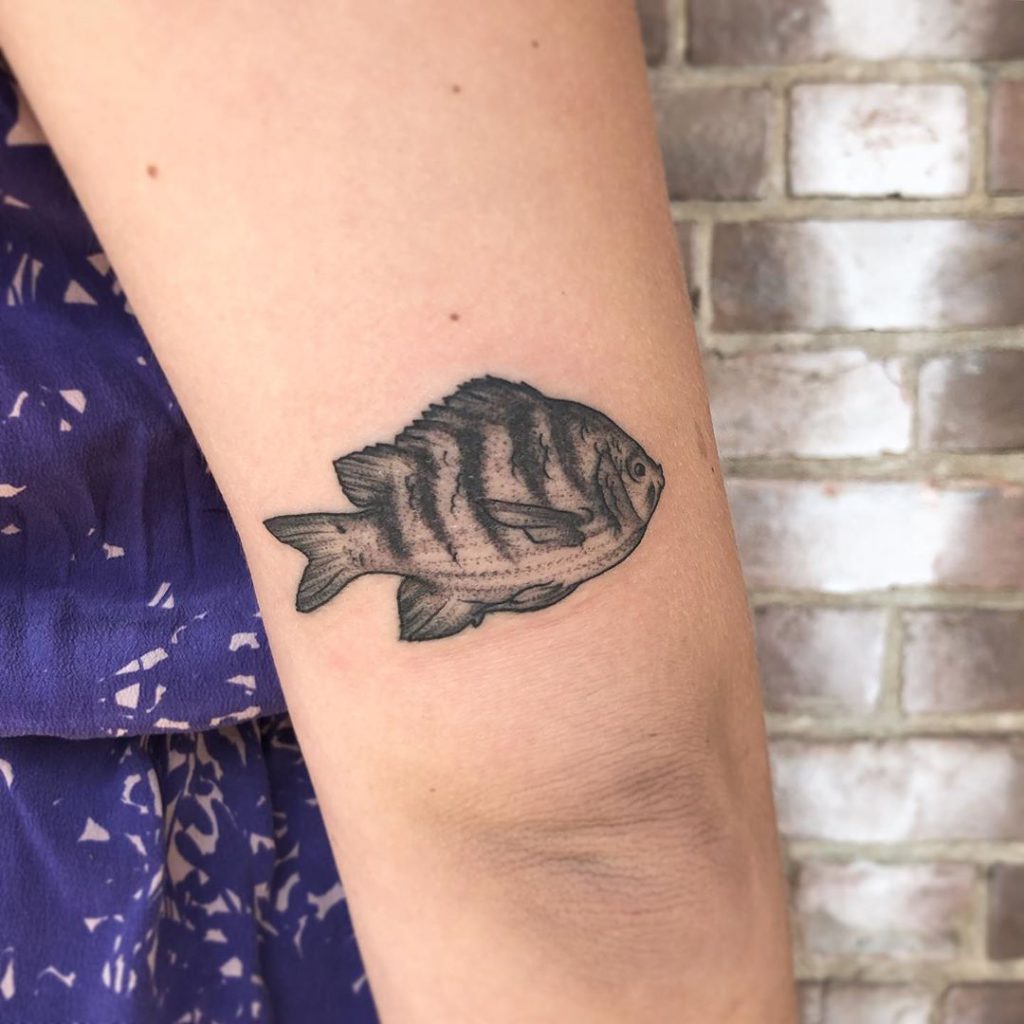 Fish tattoo on Arm (upper) by Laura Cui