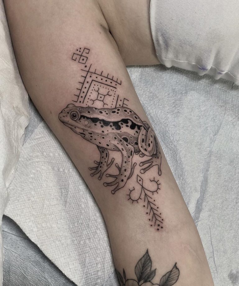 Frog tattoo on Arm (inner) - Ornamental style by Anka Lavriv