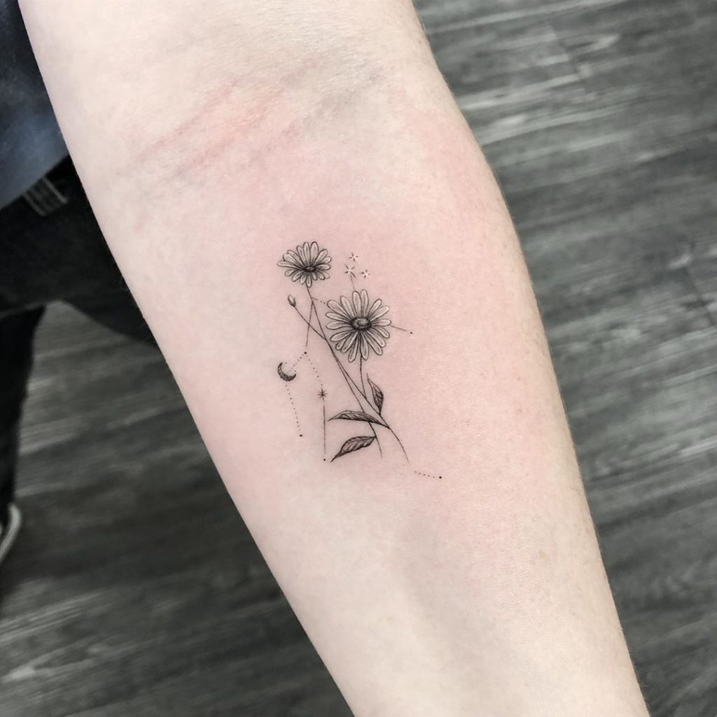Gemini tattoo on Forearm (inner) - Fine Line style by Sasha Kaye