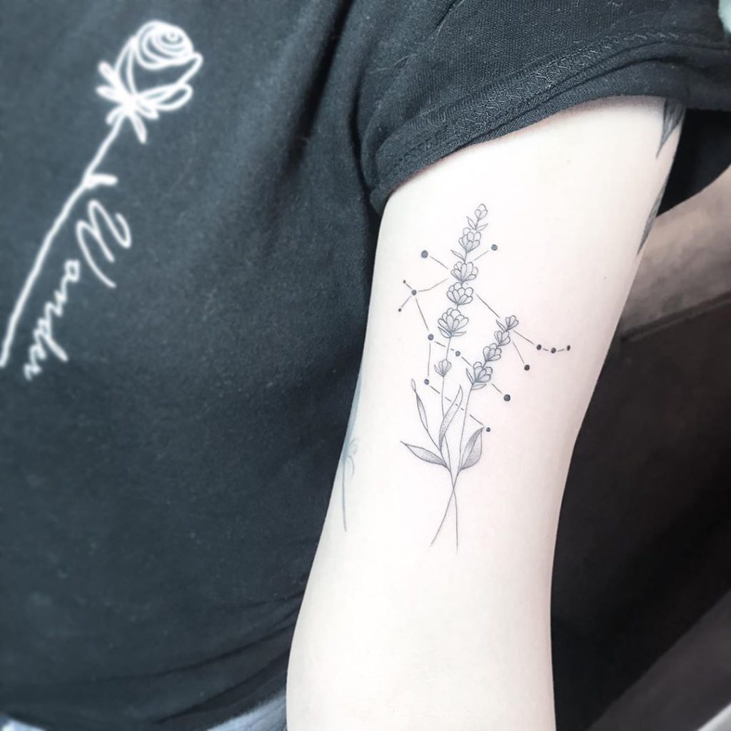 Gemini Constellation Lavender  tattoo on Arm (inner) - Fine Line style by Alex Hearn