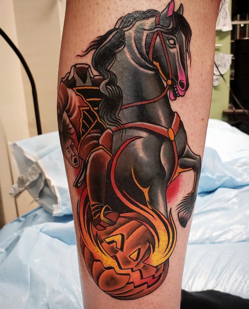 Headless Horseman tattoo on Leg - Neo Traditional style by Alex Harris