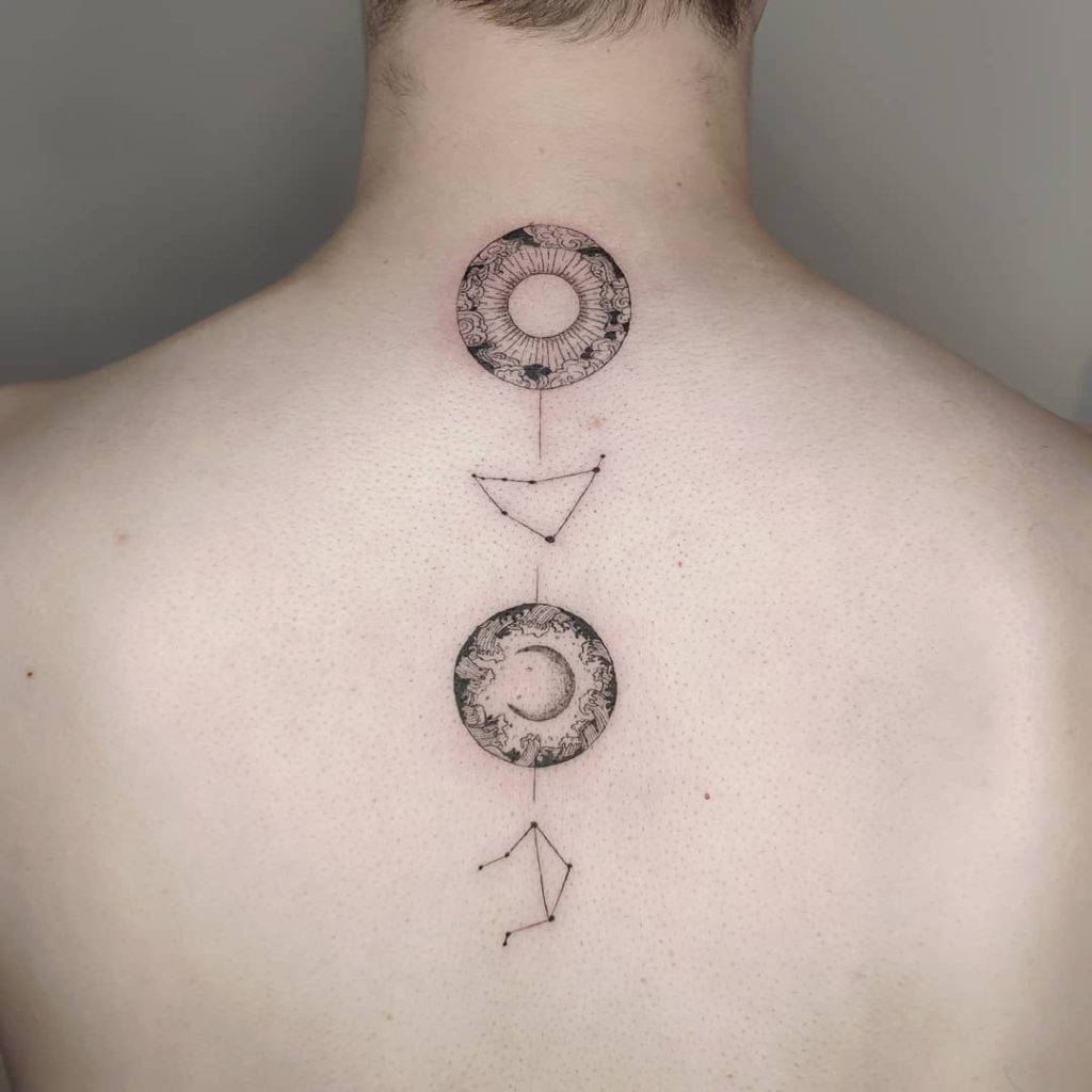 Libra and Capricorn constellstion with Sun and the Moon tattoo on Back (upper) - Fine Line style by xingalmond