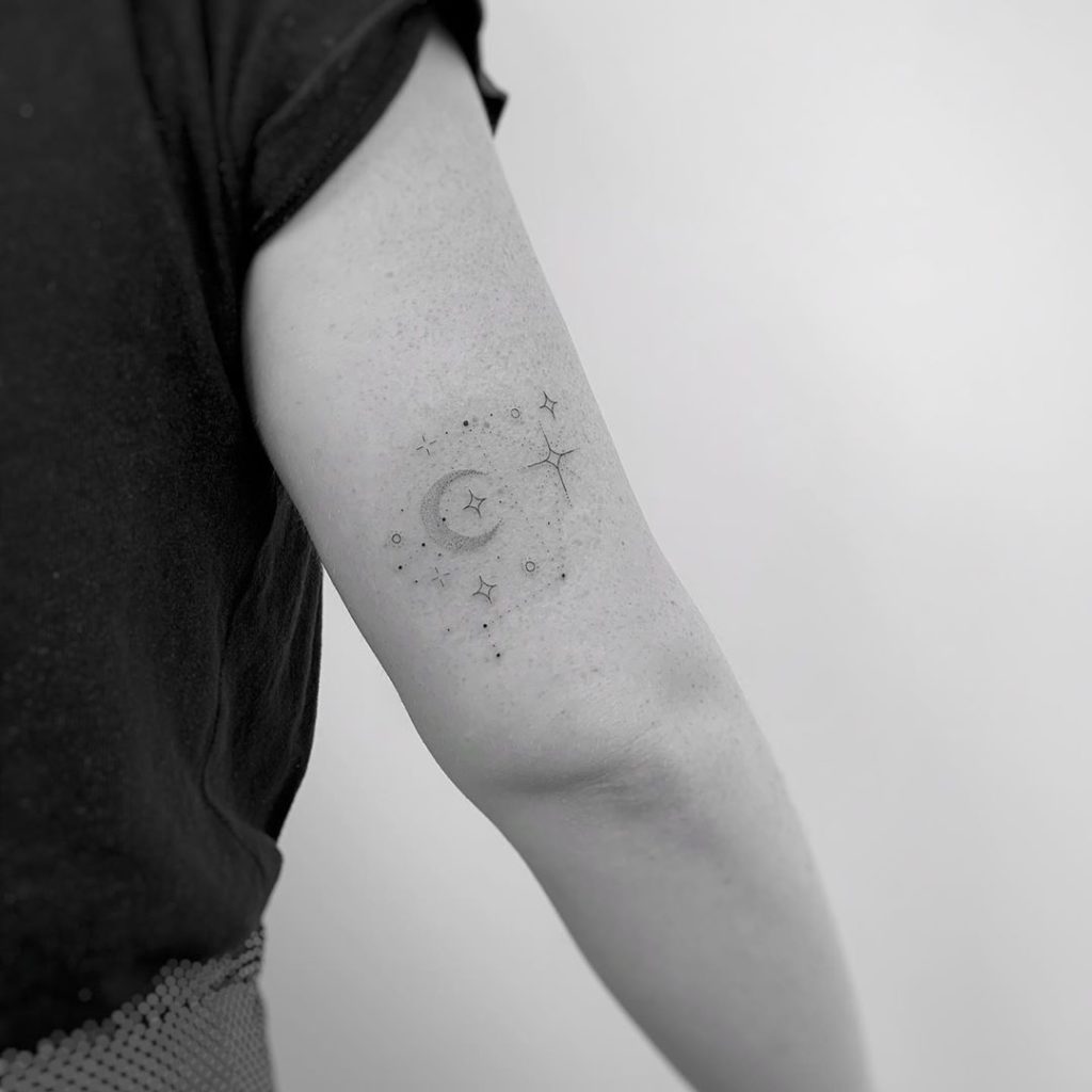 Libra Constellation tattoo on Arm - Fine Line style by Brittany Bodis