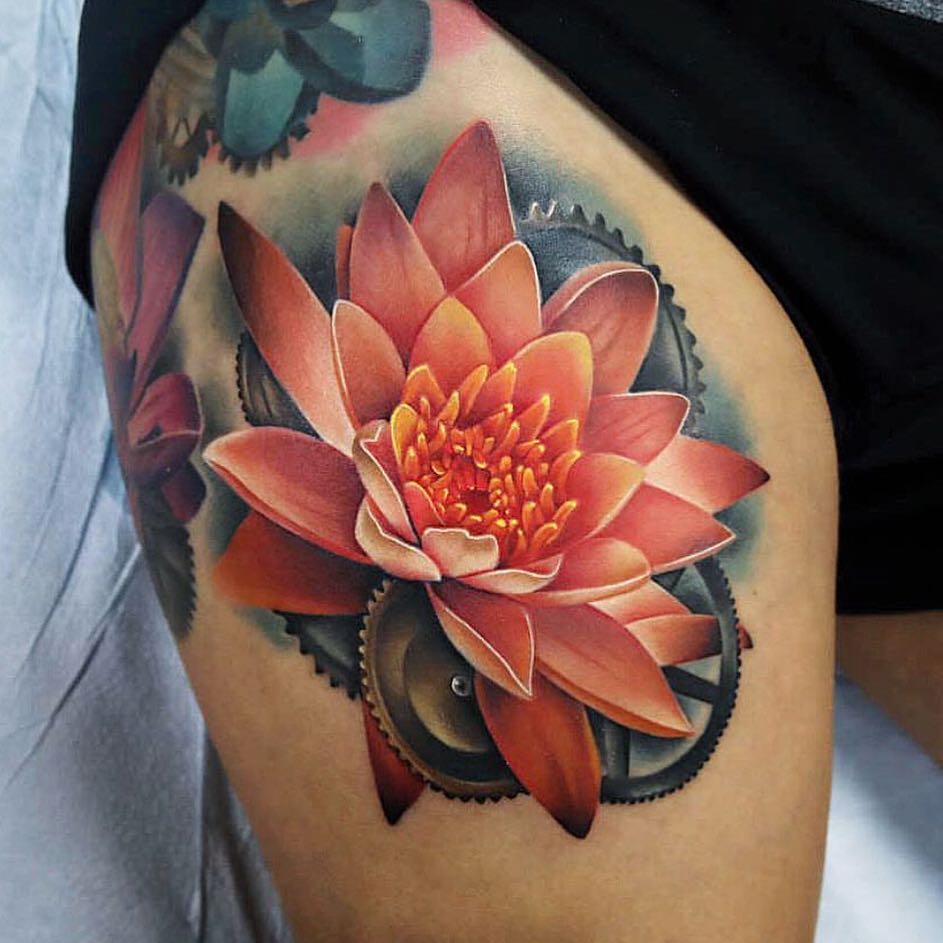 Lotus Flower tattoo on Thigh by Andrés Acosta