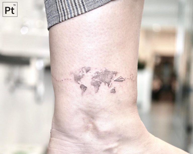 Map tattoo on Ankle by Pablo Torre