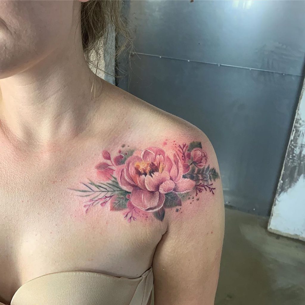 Peony tattoo on Shoulder by maggie paletta