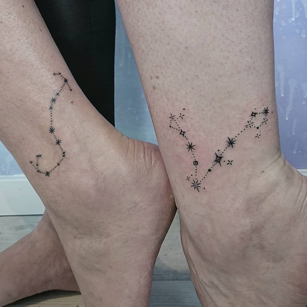 Pisces Constellation tattoo on Ankle - Fine Line style by Mim Roest