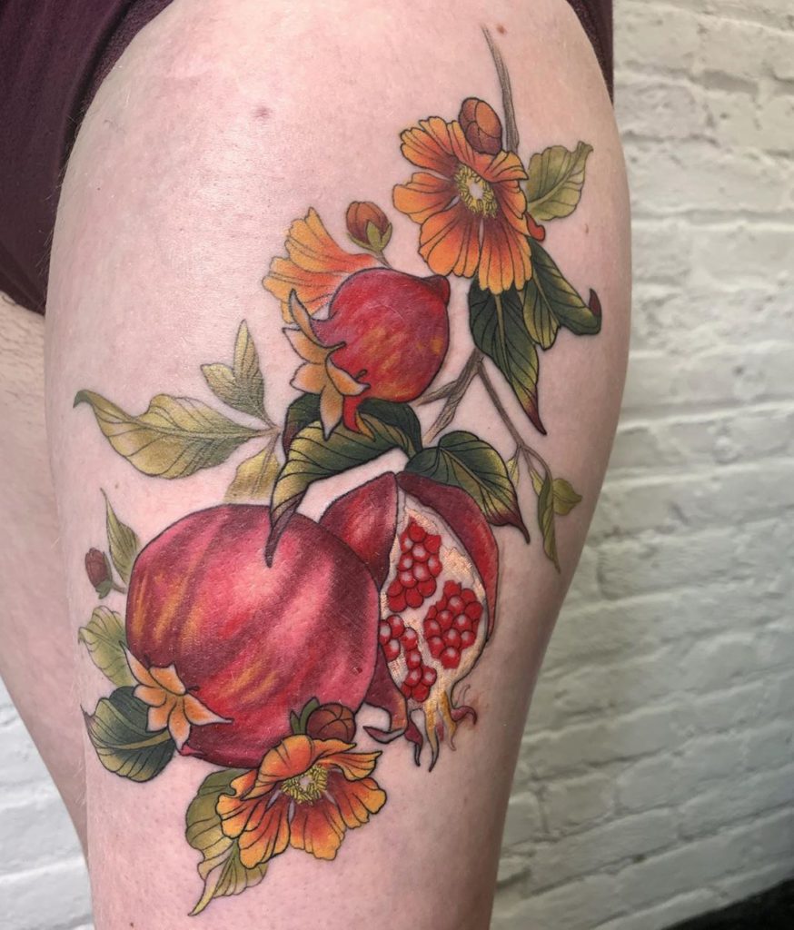 Pomegranate tattoo on Thigh (side) - Illustrative style by leslie karin