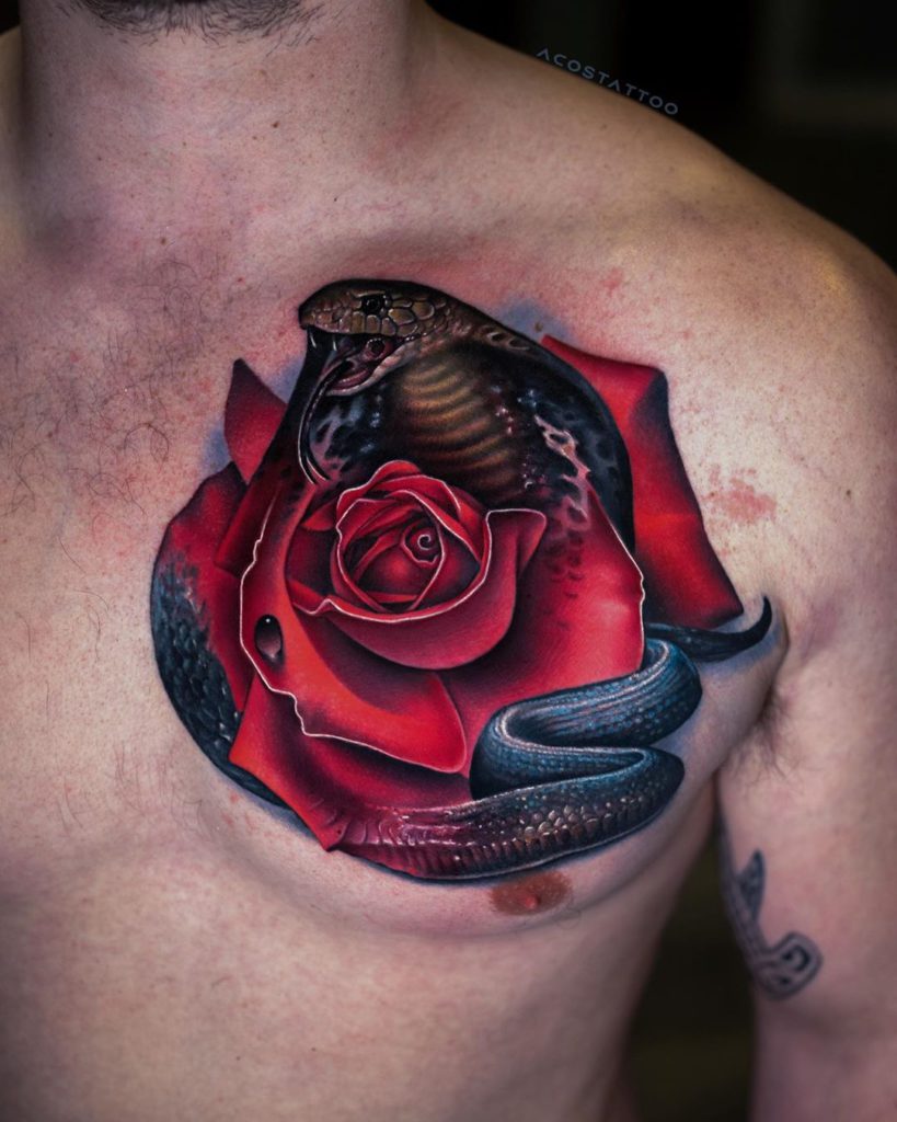 Rose Cobra tattoo on Chest by Andrés Acosta