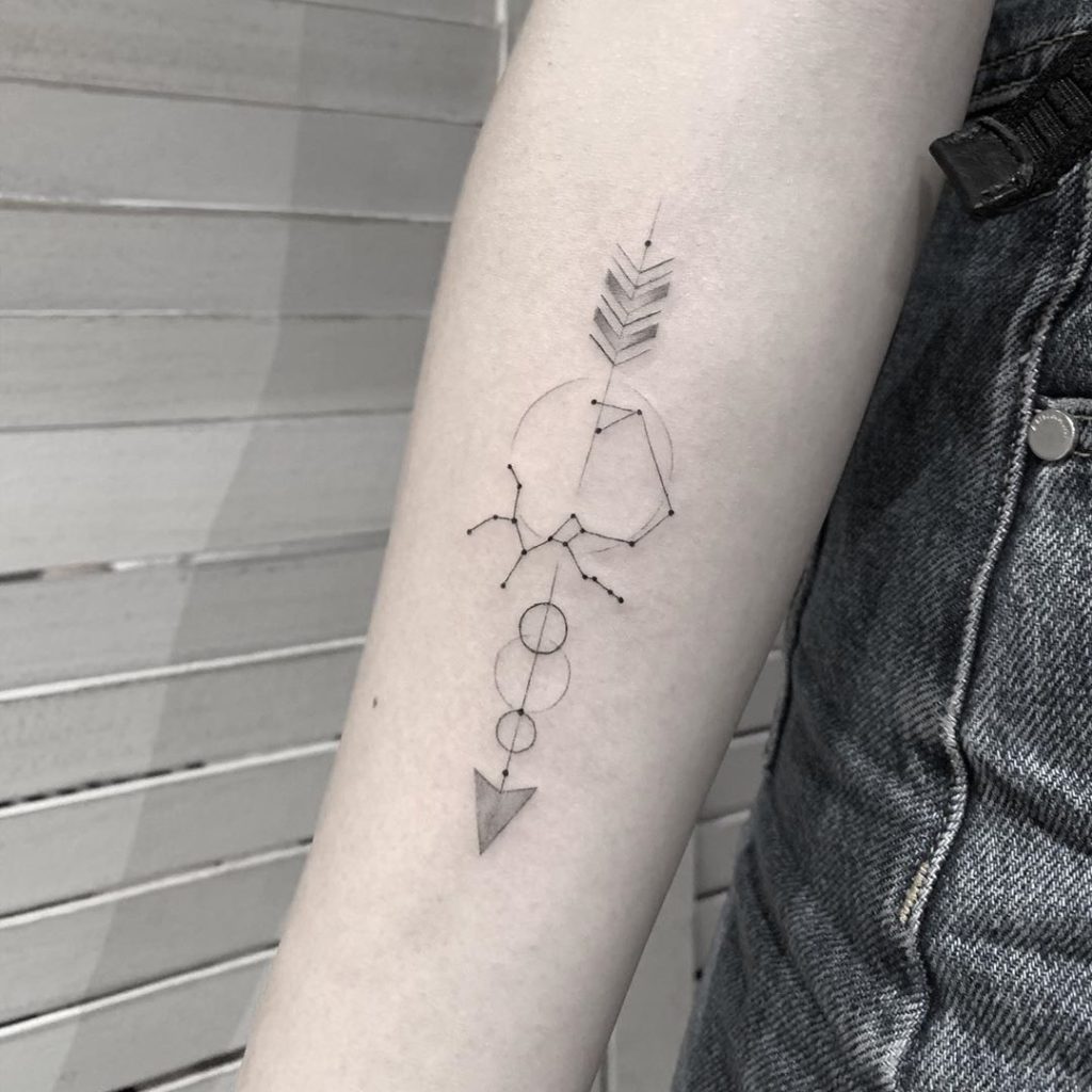 Sagittarius tattoo on Forearm (inner) - Fine Line style by Tai