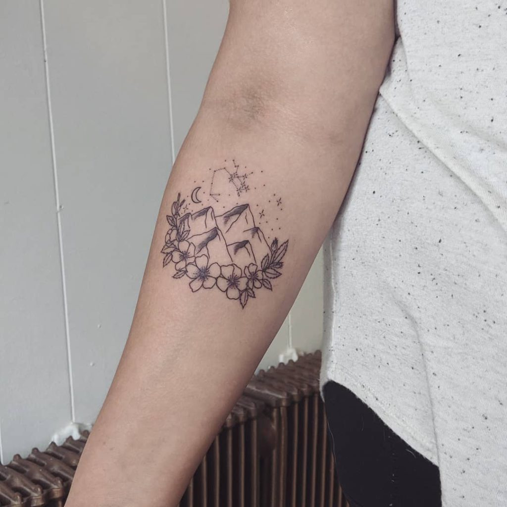 Sagittarius tattoo on Forearm (inner) - Blackwork style by Haley Gardiner