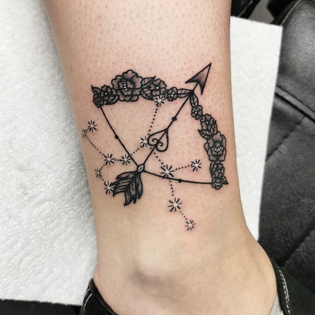 Sagittarius tattoo on Ankle - Blackwork style by Tania-Leah