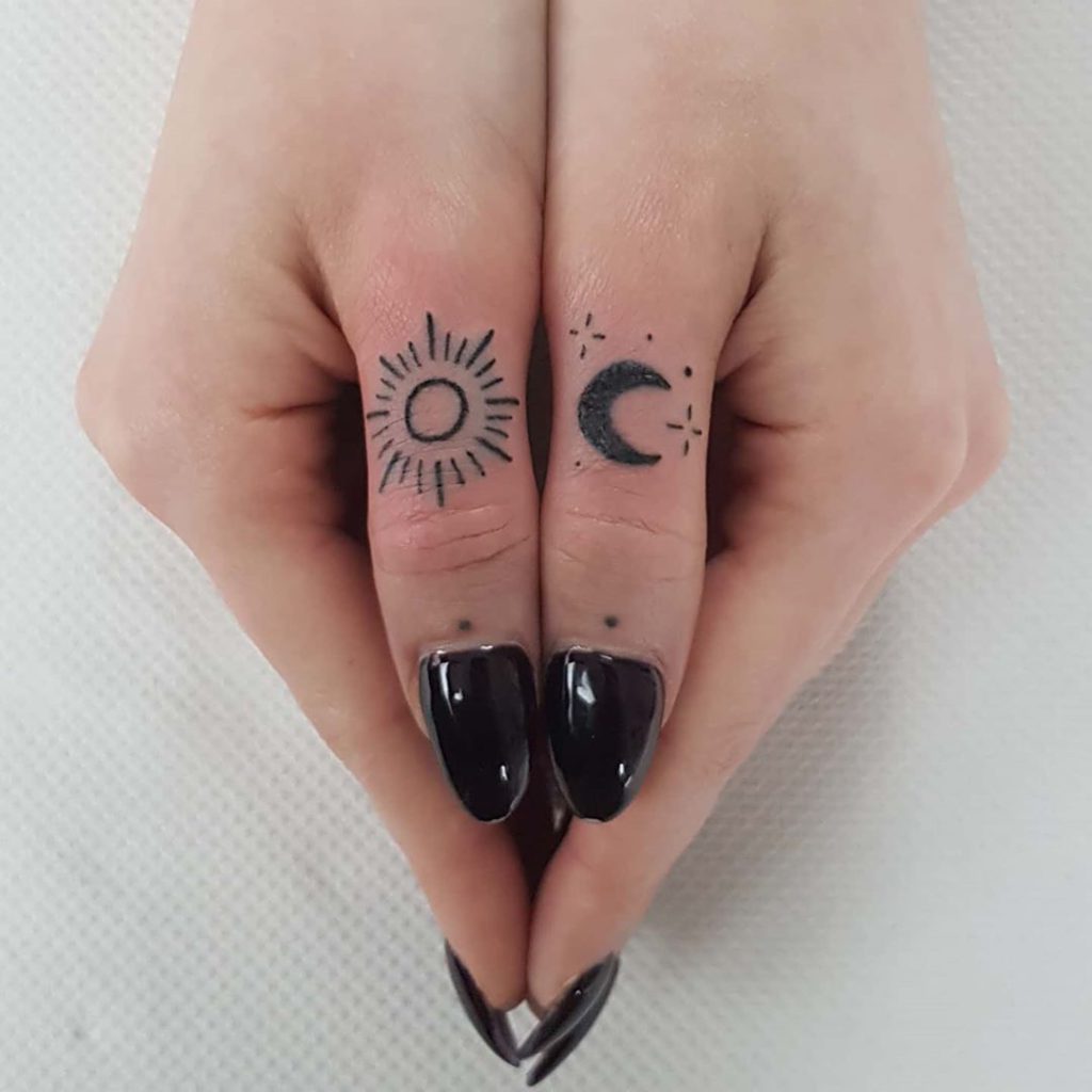 Sun & Moon tattoo on Finger by Belle