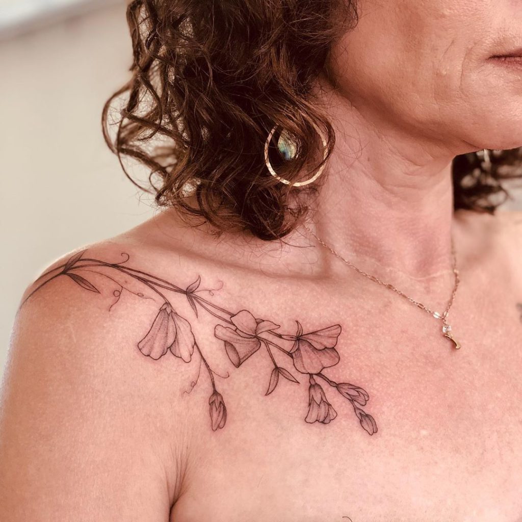 Sweet pea tattoo on Shoulder by Lianna