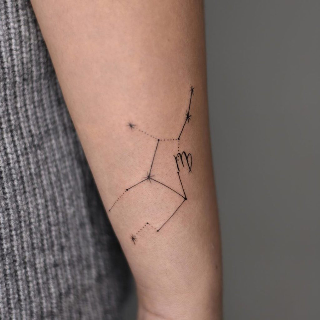 Virgo tattoo on Wrist (side) - Blackwork style by Arina