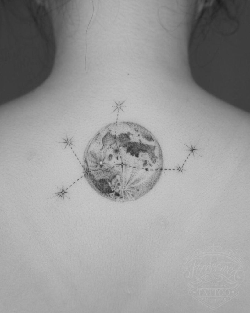 Virgo Constellation tattoo on Back (upper) - Fine Line style by Jello Talaboc