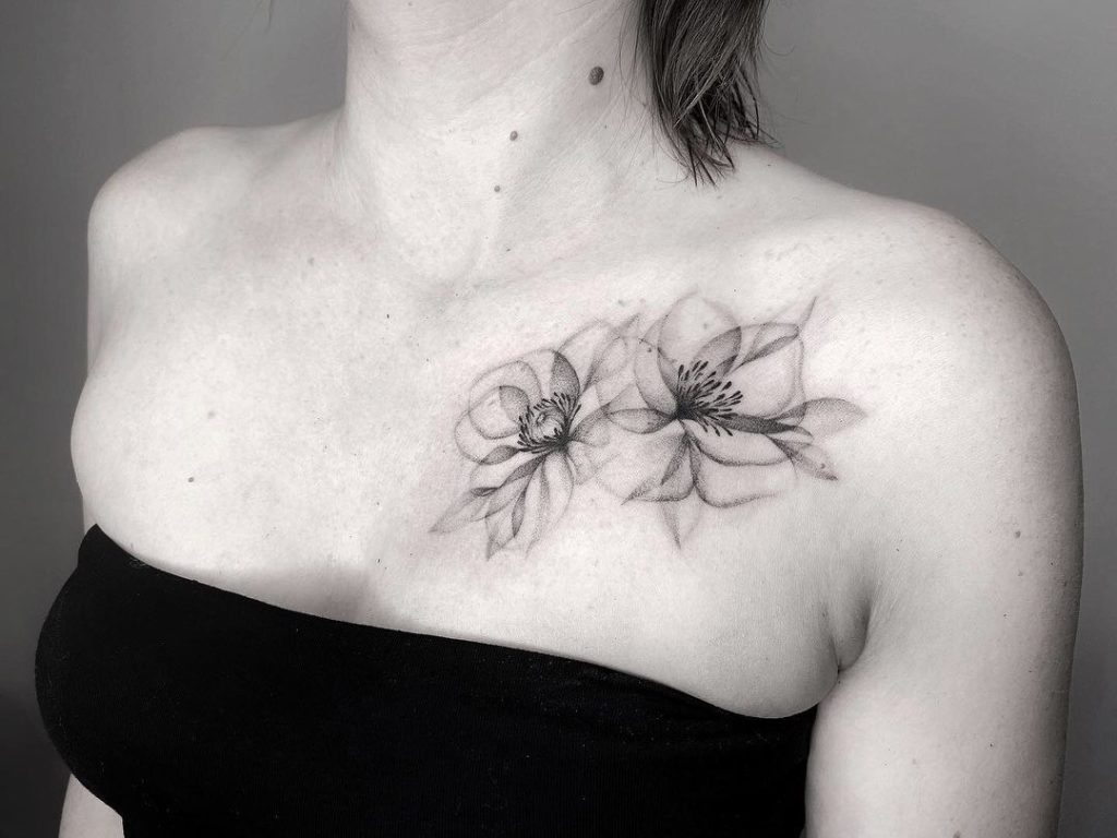 Flower tattoo on Collarbone by Dominika Glebocka