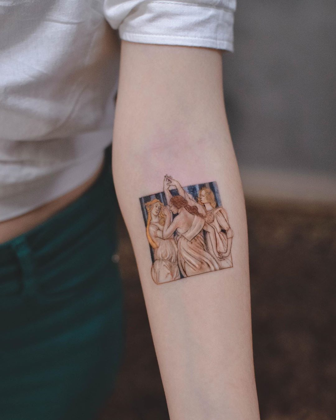The Three Graces from Botticellis Primavera for Hannah the other day  swipe for the details in those tiny faces   Line art tattoos Glyph  tattoo Tattoos
