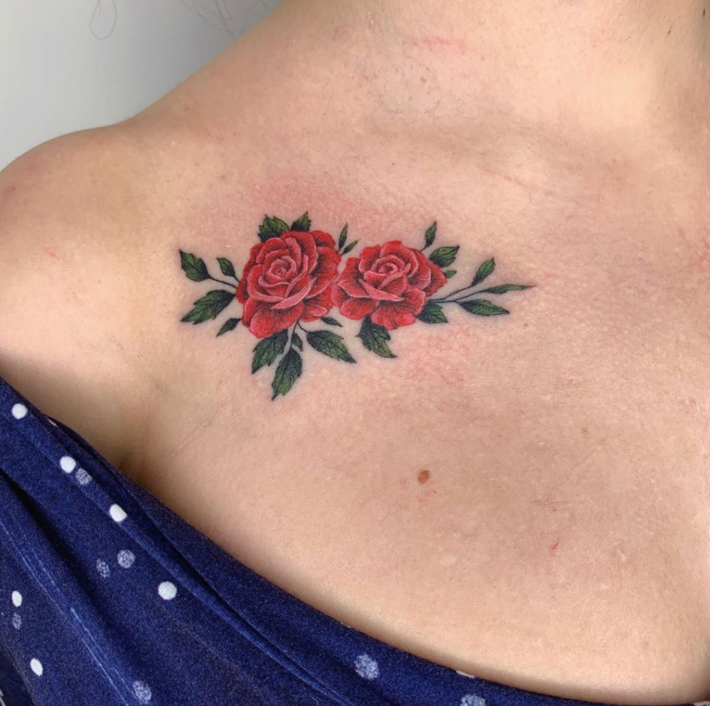 Rose Flower tattoo on Collarbone by Carrot Tattoo