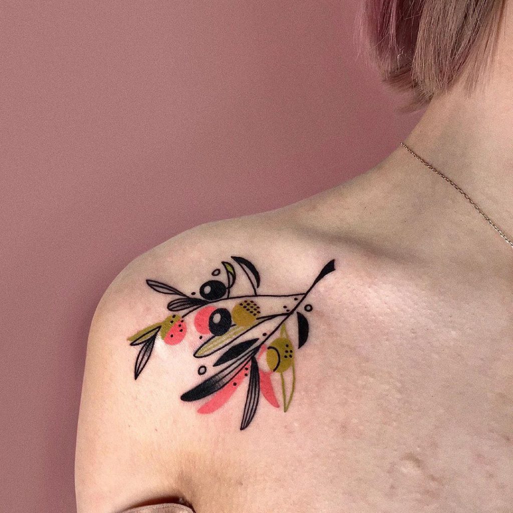 Olive branch tattoo on Collarbone by Hen