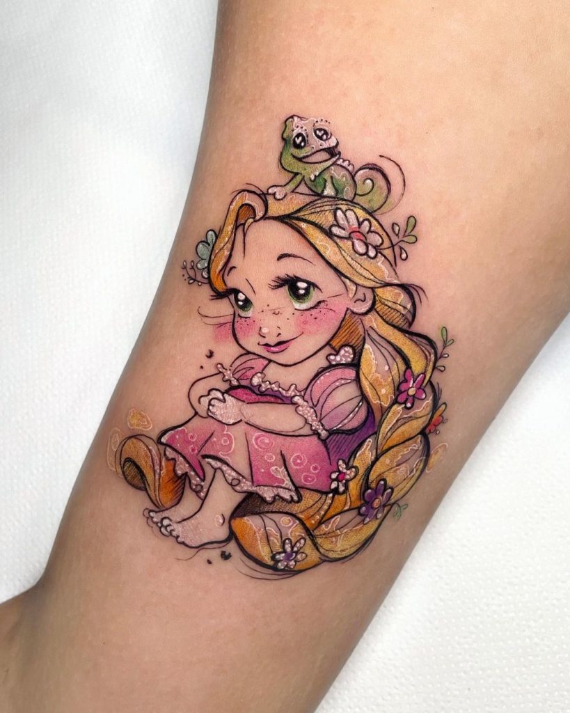 cartoonish colorful tattoo of Rapunzel